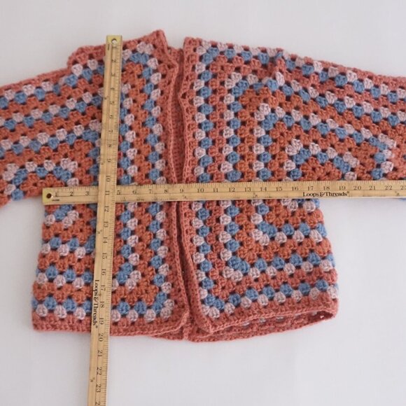 Handmade Crochet Granny Square Cardigan Dusty Rose & Blue Balletcore Sweater S - Picture 4 of 11
